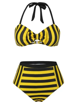 Clearance Retro Stage & Black 1970s Striped Bow Halter Swimsuit Yellow