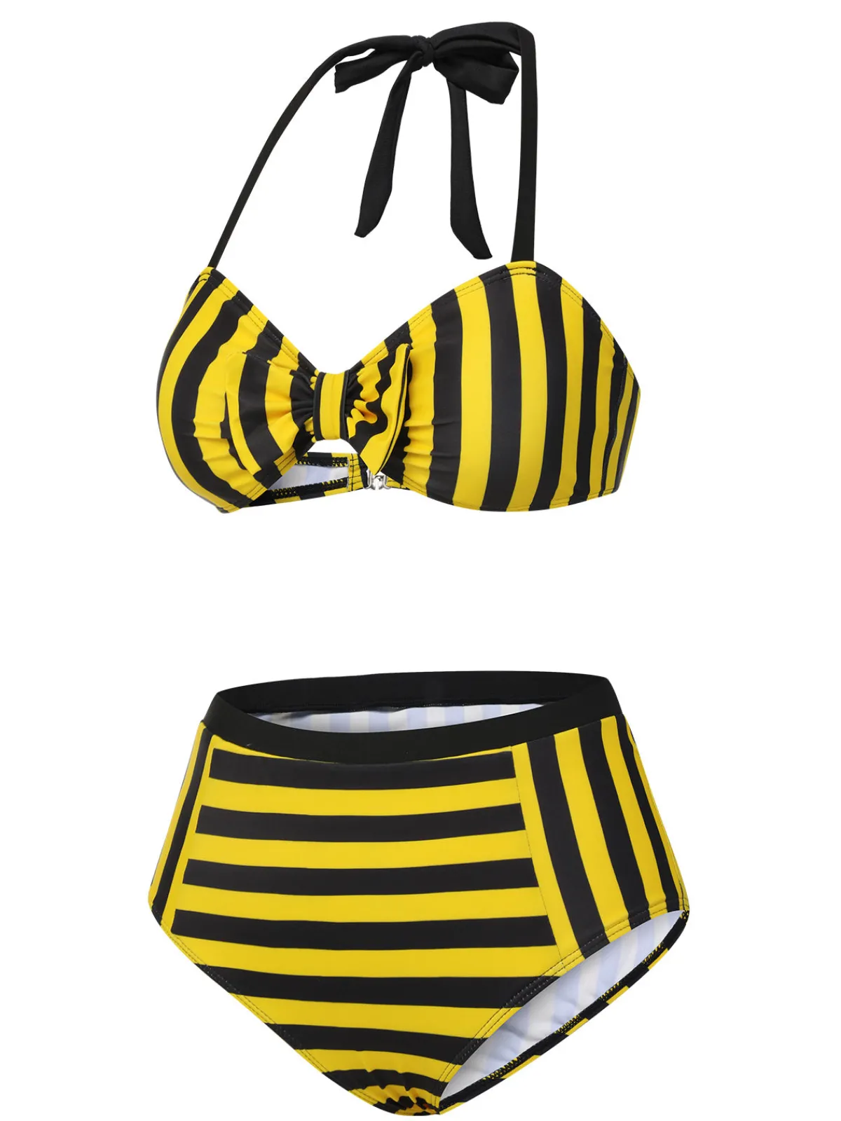 Clearance Retro Stage & Black 1970s Striped Bow Halter Swimsuit Yellow