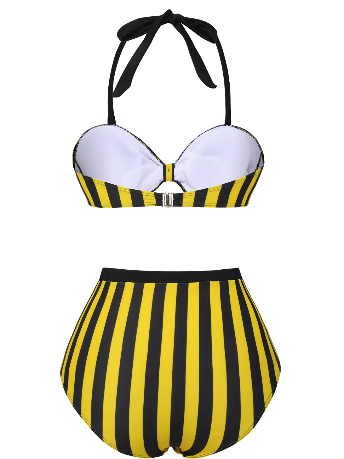 Clearance Retro Stage & Black 1970s Striped Bow Halter Swimsuit Yellow