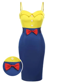 Hot Retro Stage 1960s Bow Strap Pencil Dress Yellow & Blue