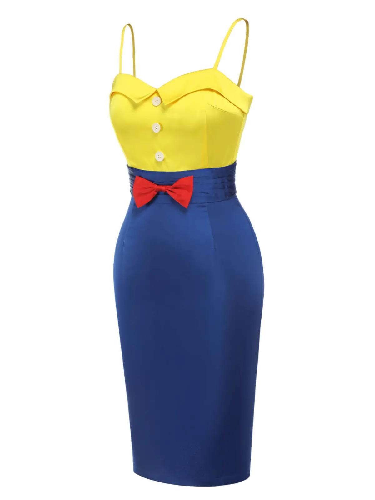Hot Retro Stage 1960s Bow Strap Pencil Dress Yellow & Blue
