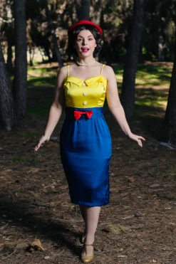 Discount Retro Stage 1960s Bow Strap Pencil Dress Yellow & Blue