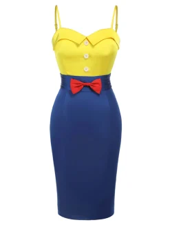 Discount Retro Stage 1960s Bow Strap Pencil Dress Yellow & Blue