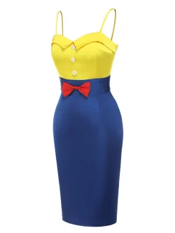 Discount Retro Stage 1960s Bow Strap Pencil Dress Yellow & Blue
