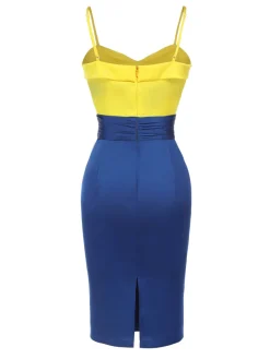 Discount Retro Stage 1960s Bow Strap Pencil Dress Yellow & Blue