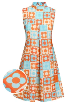 Fashion Retro Stage Yellow & Blue 1960s Floral Stand Collar Dress