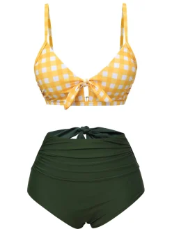 Discount Retro Stage 1950s Plaid Bow Bikini Set Yellow & Green