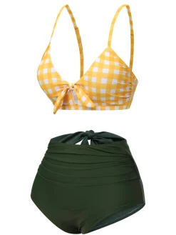 Discount Retro Stage 1950s Plaid Bow Bikini Set Yellow & Green
