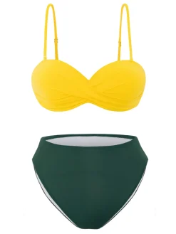 New Retro Stage & Green 1960s Spaghetti Straps Bikini Set Yellow