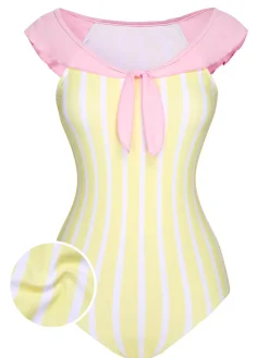 Online Retro Stage 1940s Stripe One-Piece Swimsuit Yellow & Pink
