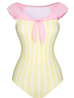 Online Retro Stage 1940s Stripe One-Piece Swimsuit Yellow & Pink