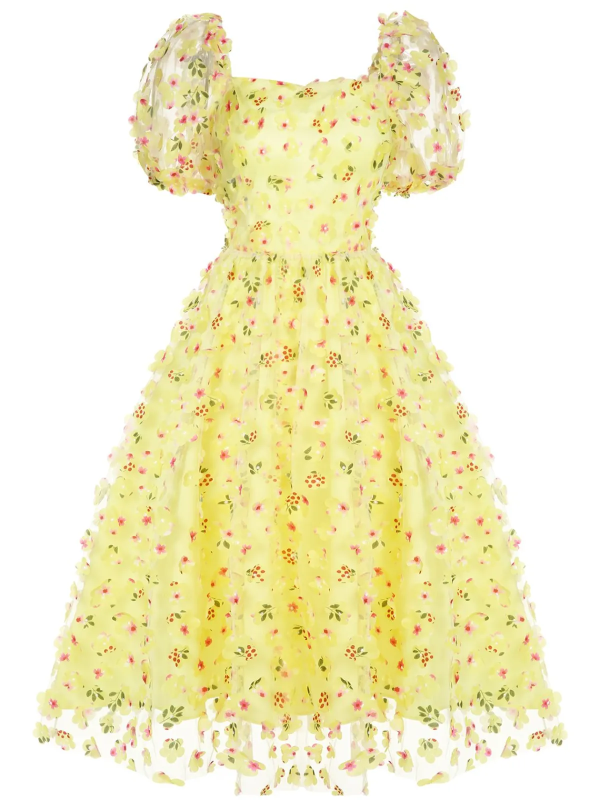 Hot Retro Stage 3D Floral Puff Sleeves Swing Dress Yellow