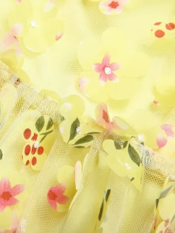 Hot Retro Stage 3D Floral Puff Sleeves Swing Dress Yellow