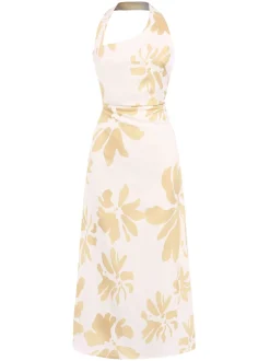 New Retro Stage 1930s Asymmetric Neckline Floral Dress Yellow