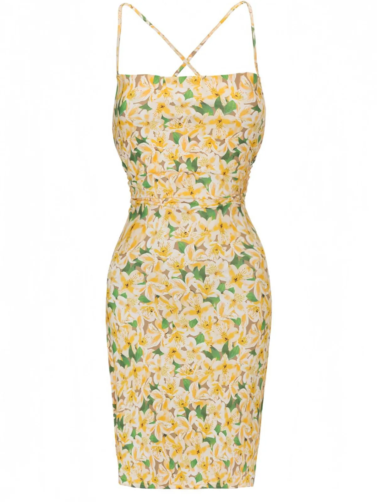 Hot Retro Stage 1960s Back Lace-Up Ruched Floral Dress Yellow