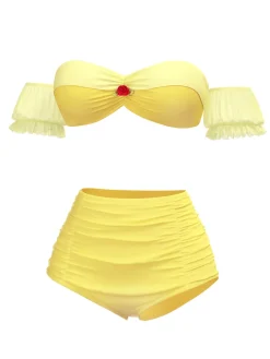 Clearance Retro Stage 1970s Belle Princess Style Rose Puff Bikini Set Yellow