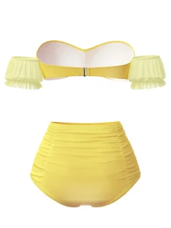 Clearance Retro Stage 1970s Belle Princess Style Rose Puff Bikini Set Yellow