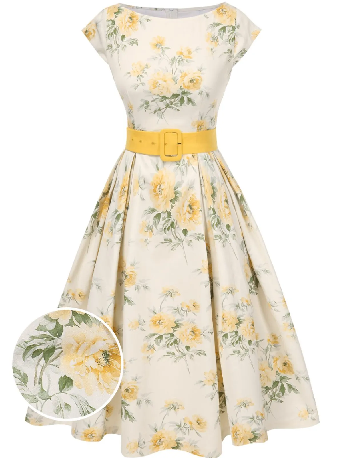 Discount Retro Stage Yellow 1950s Boat Neck Antique Floral Dress Light Yellow
