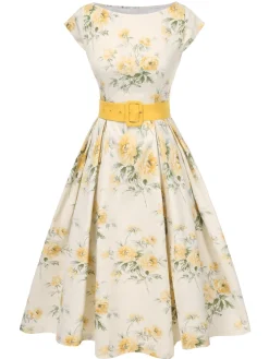 Discount Retro Stage Yellow 1950s Boat Neck Antique Floral Dress Light Yellow