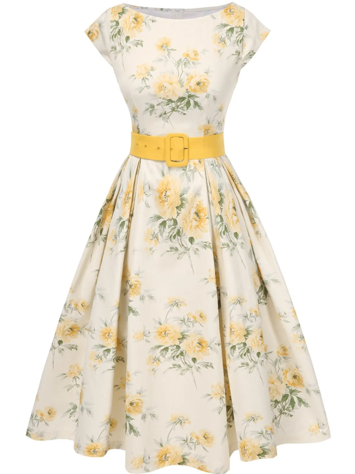 Discount Retro Stage Yellow 1950s Boat Neck Antique Floral Dress Light Yellow