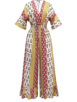 Discount Retro Stage 1970s Bohemian Floral Tribal Pattern Jumpsuit Yellow
