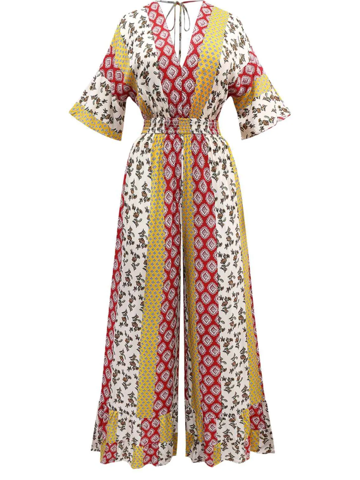 Discount Retro Stage 1970s Bohemian Floral Tribal Pattern Jumpsuit Yellow
