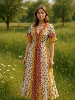 Discount Retro Stage 1970s Bohemian Floral Tribal Pattern Jumpsuit Yellow