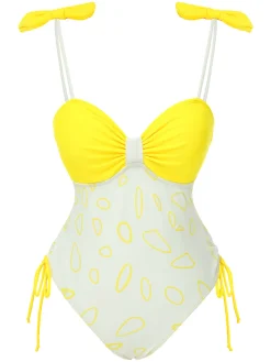 New Retro Stage 1950s Bow Geometric Suspenders Swimsuit Yellow