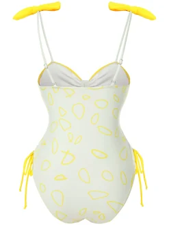 New Retro Stage 1950s Bow Geometric Suspenders Swimsuit Yellow
