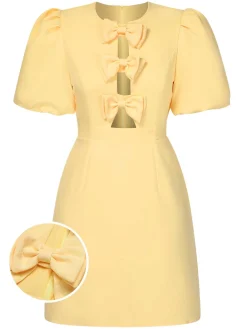 Fashion Retro Stage 1960s Bow Puff Sleeve Solid Dress Yellow
