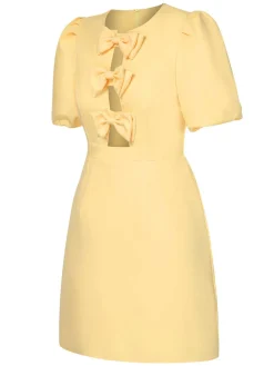 Fashion Retro Stage 1960s Bow Puff Sleeve Solid Dress Yellow
