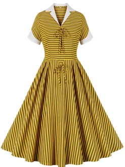 Best Retro Stage 1950s Bow Striped Swing Dress Yellow