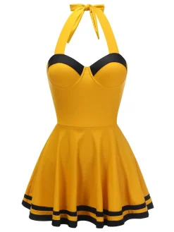 New Retro Stage 1940s Contrast Halter Patchwork Swimsuit Yellow