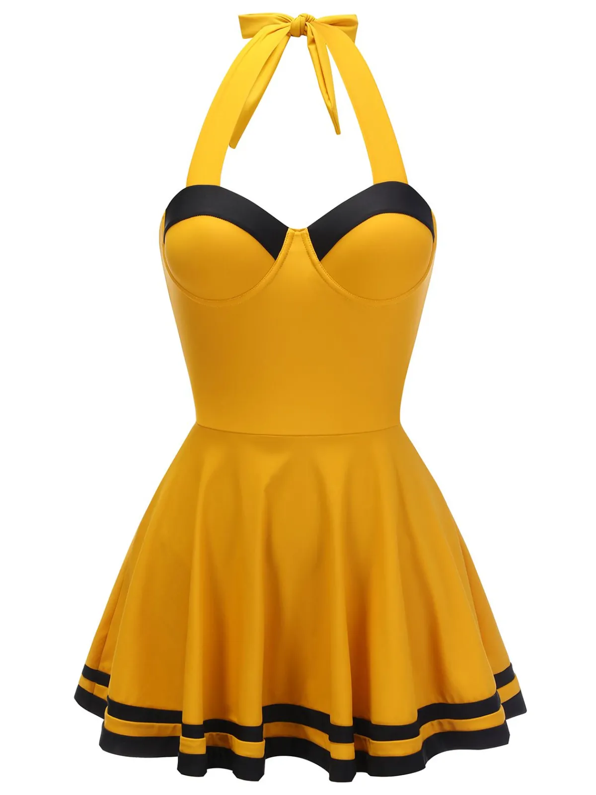 New Retro Stage 1940s Contrast Halter Patchwork Swimsuit Yellow