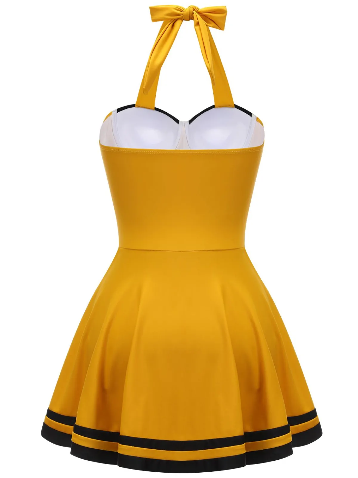 New Retro Stage 1940s Contrast Halter Patchwork Swimsuit Yellow
