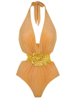 Discount Retro Stage 1930s 3D Flower Halter Swimsuit Yellow