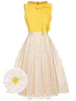 Best Retro Stage 1950s Daisy Bowtie Patchwork Dress Yellow