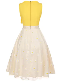 Best Retro Stage 1950s Daisy Bowtie Patchwork Dress Yellow