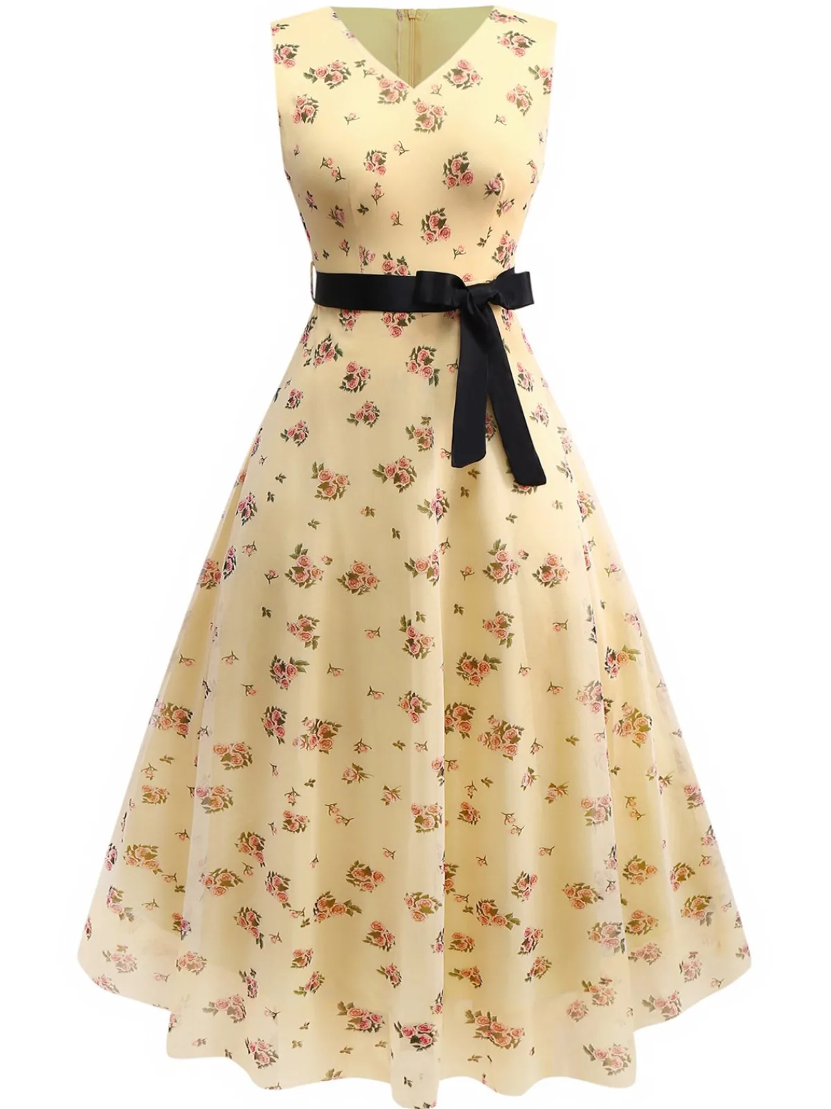 Online Retro Stage Yellow 1930s Ditsy Floral Mesh Sleeveless Ribbon Dress Light Yellow