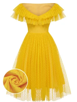 Fashion Retro Stage 1950s Dots Off-Shoulder Mesh Swing Dress Yellow