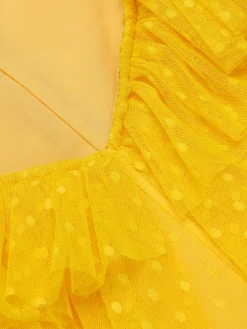 Fashion Retro Stage 1950s Dots Off-Shoulder Mesh Swing Dress Yellow