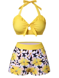 Clearance Retro Stage 1960s Floral Backless Halter Hollow Swimsuit Yellow