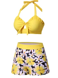 Clearance Retro Stage 1960s Floral Backless Halter Hollow Swimsuit Yellow
