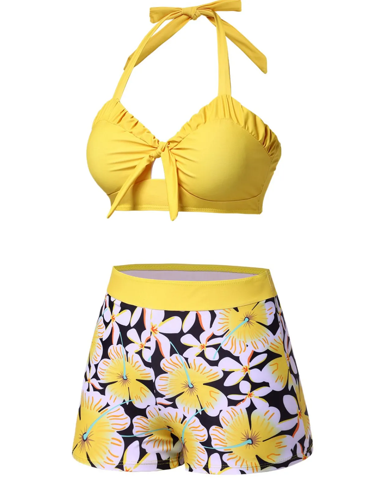 Clearance Retro Stage 1960s Floral Backless Halter Hollow Swimsuit Yellow