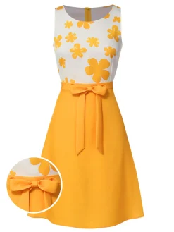 Hot Retro Stage 1960s Floral Bow Sleeveless Dress Yellow