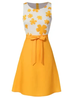Hot Retro Stage 1960s Floral Bow Sleeveless Dress Yellow