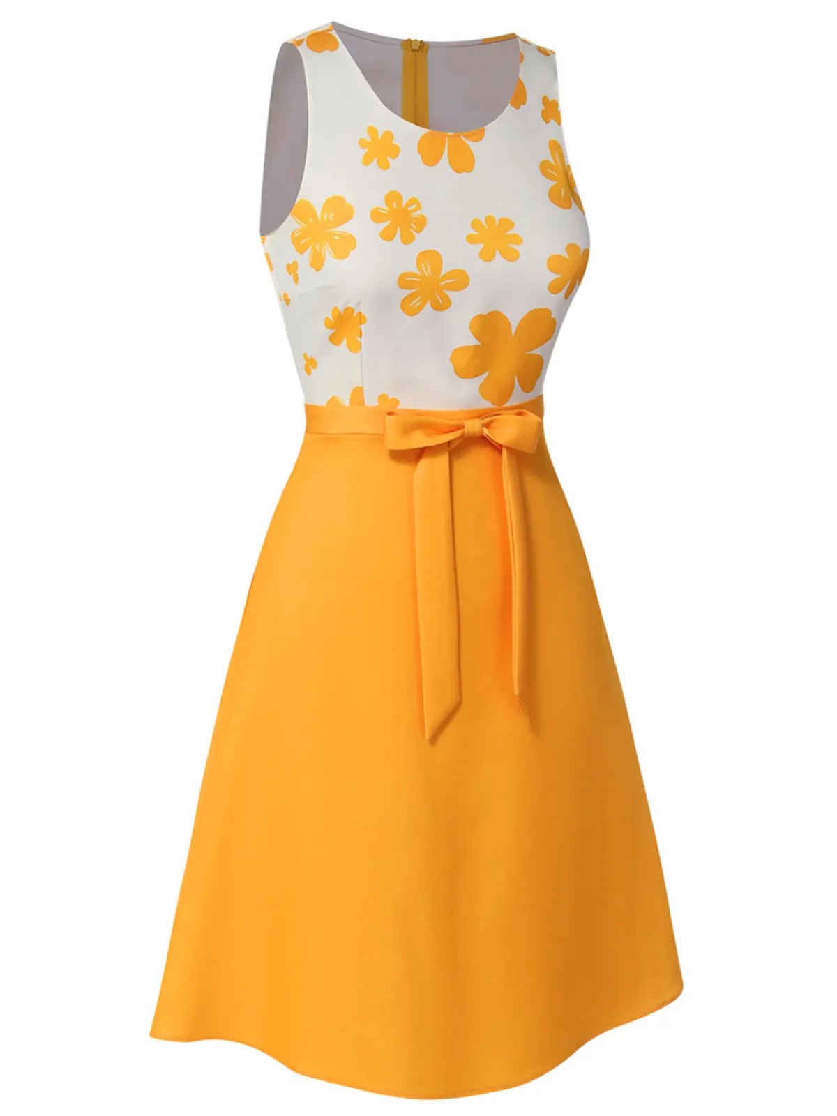 Hot Retro Stage 1960s Floral Bow Sleeveless Dress Yellow