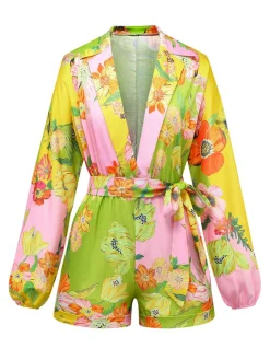 Sale Retro Stage 1960s Floral Deep V-Neck Long Sleeves Romper Yellow