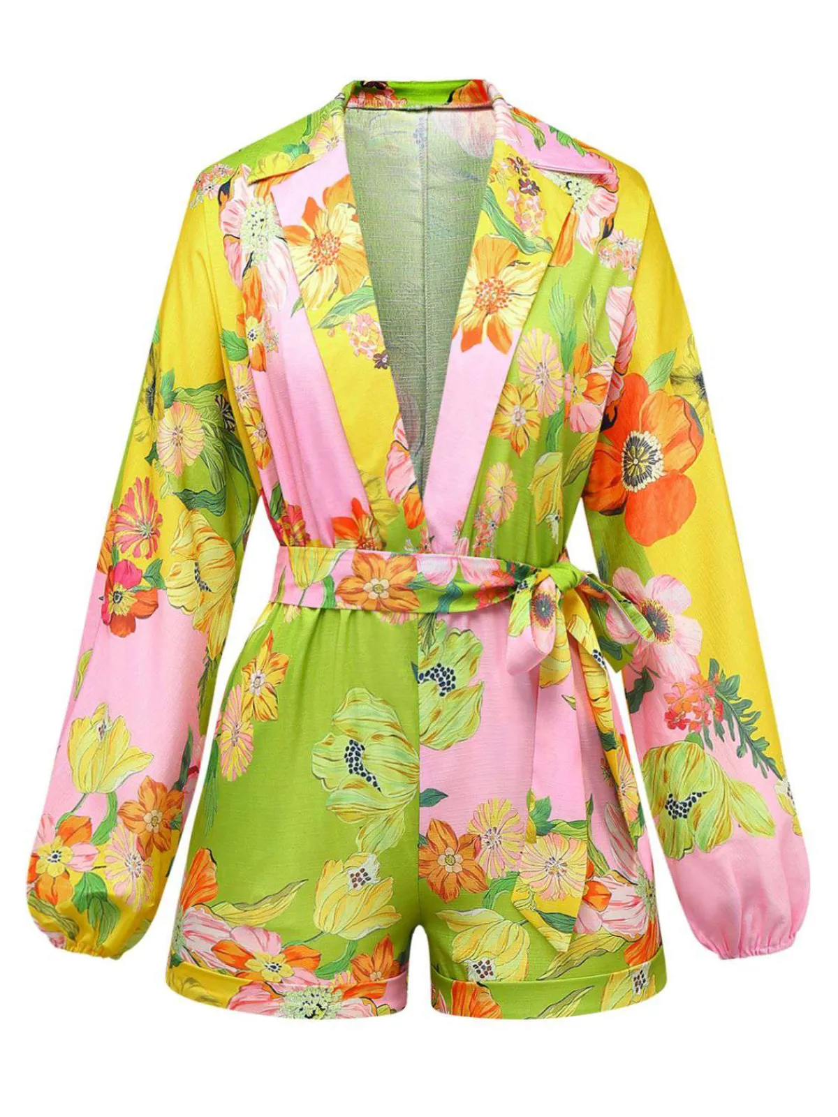 Sale Retro Stage 1960s Floral Deep V-Neck Long Sleeves Romper Yellow