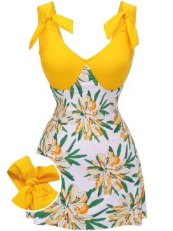 Clearance Retro Stage 1940s Floral Patchwork One-Piece Swimsuit Yellow